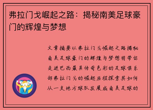 弗拉门戈崛起之路：揭秘南美足球豪门的辉煌与梦想